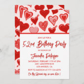 Pink Red Hearts Pattern Einfache 52. Geburtstag Einladung (Vorne/Hinten)