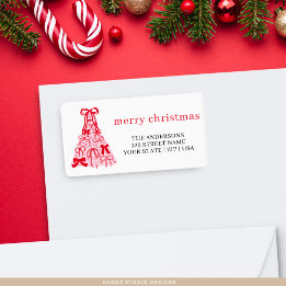 Pink Red Merry Christmas Tree Bow Holiday Adressaufkleber