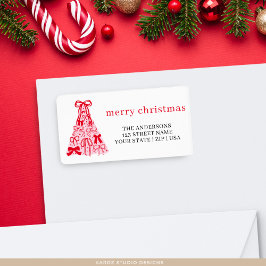 Pink Red Merry Christmas Tree Bow Holiday Adressaufkleber