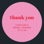 Pink Red Modern Simple Thank You Bridal Shower  Runder Aufkleber<br><div class="desc">This round favor sticker features a bold pink background with red “thank you” lettering and space for the bride’s name and shower date. The bright, modern design adds a fun pop of color to bridal shower favors, gift bags, and party packaging. It’s an easy way to thank guests for celebrating...</div>