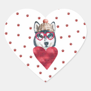 Pink Red Paws Sibirischer Husky Hund Valentinstag Herz-Aufkleber