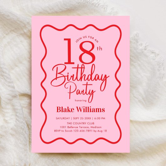 Pink Red Retro 18th Birthday Wavy Border Einladung