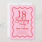 Pink Red Retro 18th Birthday Wavy Border Einladung (Vorderseite)