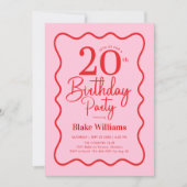 Pink Red Retro 20th Birthday Wavy Border Einladung (Vorderseite)