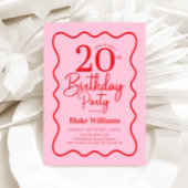 Pink Red Retro 20th Birthday Wavy Border Einladung