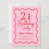 Pink Red Retro 21st Birthday Wavy Border Einladung (Vorderseite)