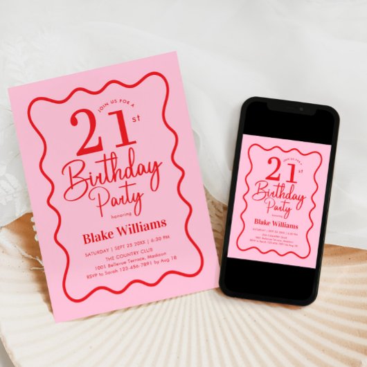 Pink Red Retro 21st Birthday Wavy Border Einladung