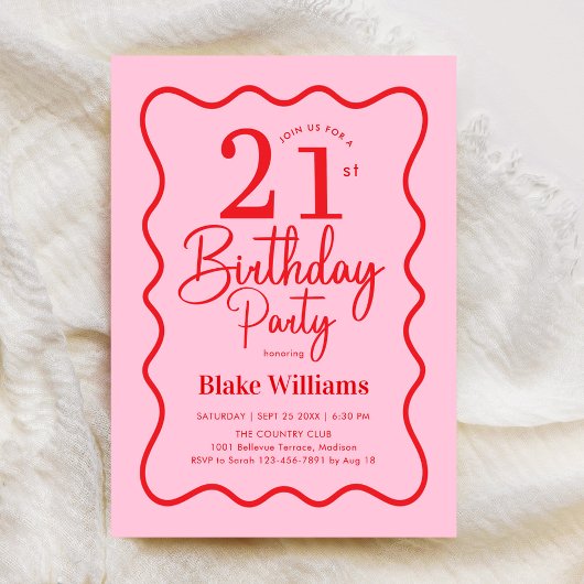 Pink Red Retro 21st Birthday Wavy Border Einladung