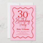 Pink Red Retro 30th Birthday Wavy Border Einladung (Vorderseite)
