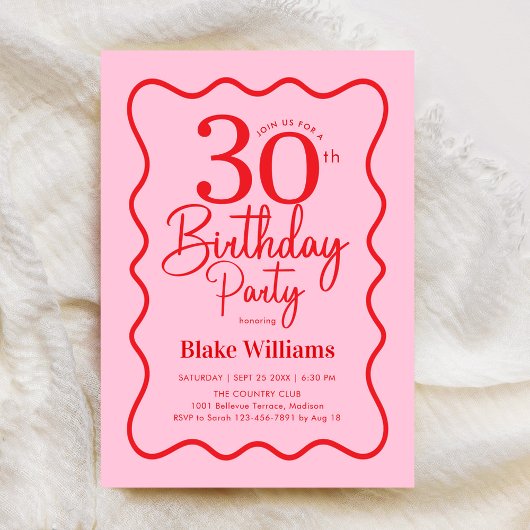 Pink Red Retro 30th Birthday Wavy Border Einladung