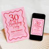 Pink Red Retro 30th Birthday Wavy Border Einladung