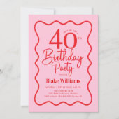 Pink Red Retro 40th Birthday Wavy Border Einladung (Vorderseite)