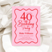 Pink Red Retro 40th Birthday Wavy Border Einladung