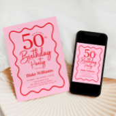 Pink Red Retro 50th Birthday Wavy Border Einladung