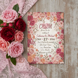 Pink & Red Romantic Rose Spring Floral Wedding Einladung