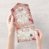 Pink & Red Romantic Spring Floral QR Code Wedding All In One Einladung (Abreißen)