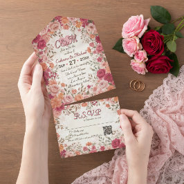 Pink & Red Romantic Spring Floral QR Code Wedding All In One Einladung