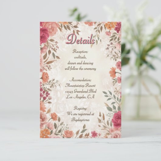 Pink & Red Romantic Spring Floral QR Code Wedding Begleitkarte (Stehend Vorderseite)