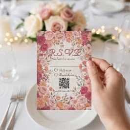 Pink & Red Romantic Spring Floral QR Code Wedding RSVP Karte