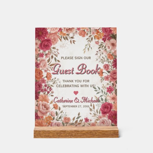 Pink & Red Romantic Spring Wedding Guestbook Acrylschild (Vorderseite)