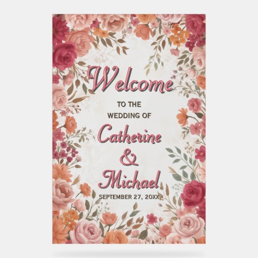 Pink & Red Romantic Spring Wedding Welcome Acrylschild (Vorderseite)