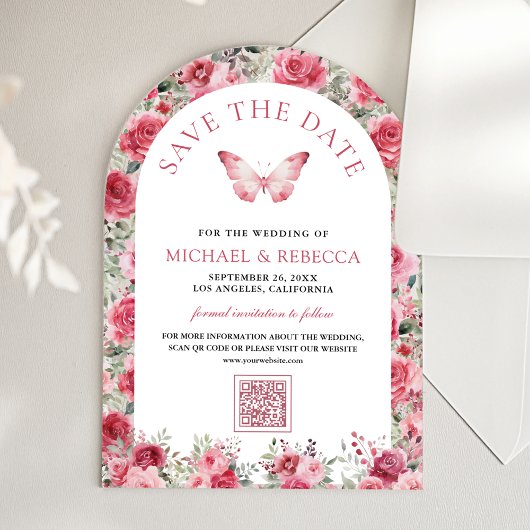 Pink Red Roses Butterfly Wedding Save the Date Acryleinladungen