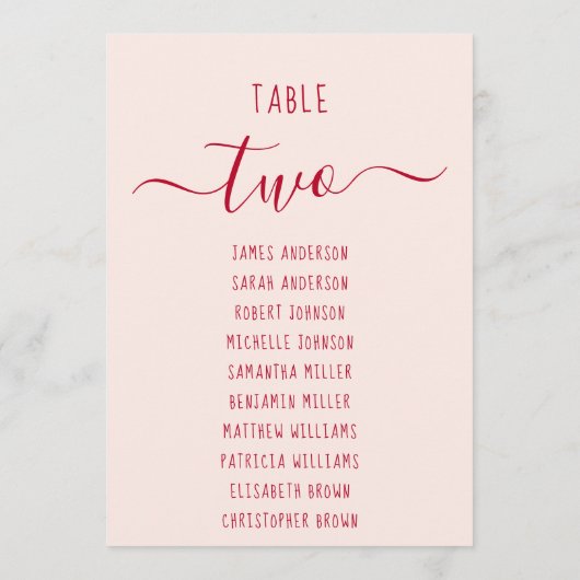 Pink & Red Script Simple Modern Seating Chart Card (Rückseite)