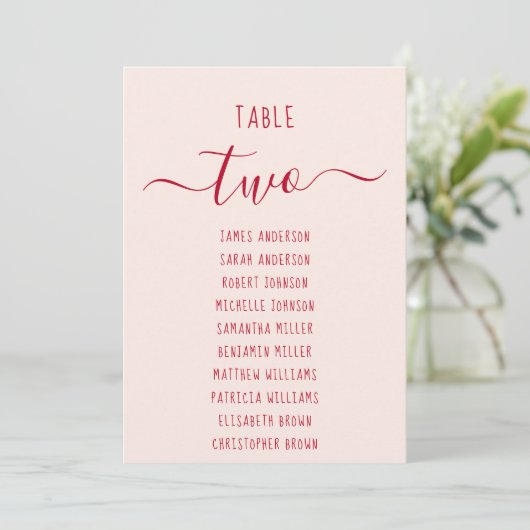 Pink & Red Script Simple Modern Seating Chart Card (Stehend Vorderseite)