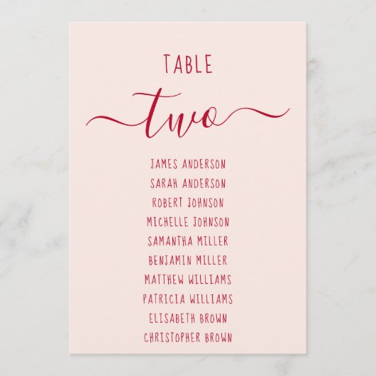 Pink & Red Script Simple Modern Seating Chart Card (Vorderseite)
