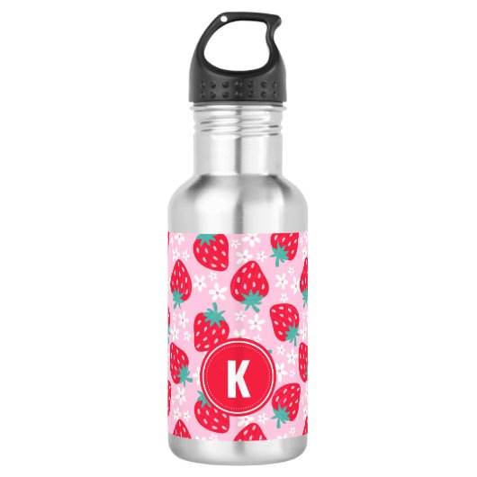 Pink Red Strawberries Floral Pattern Monogram Edelstahlflasche (Vorderseite)