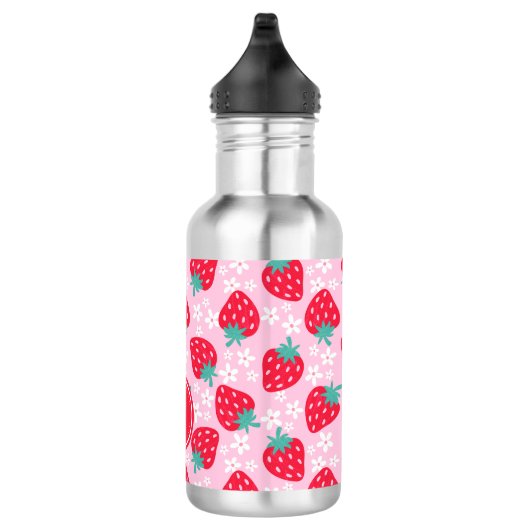Pink Red Strawberries Floral  Pattern Monogram Edelstahlflasche (Rechts)