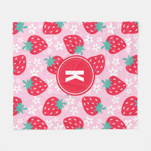 Pink Red Strawberries Floral  Pattern Monogram Fleecedecke (Vorderseite (Horizontal))