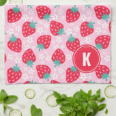 Pink Red Strawberries Floral Pattern Monogram Geschirrtuch (Gefaltet)