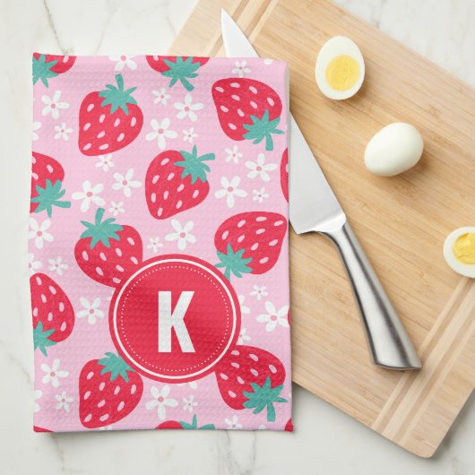 Pink Red Strawberries Floral Pattern Monogram Geschirrtuch (Viertel Falte)