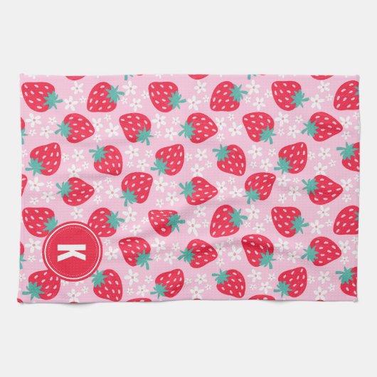 Pink Red Strawberries Floral  Pattern Monogram Geschirrtuch (Horizontal)