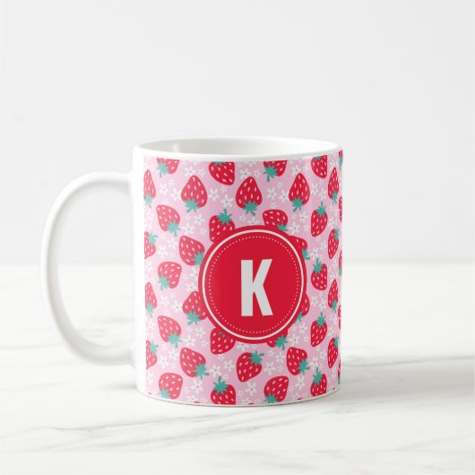 Pink Red Strawberries Floral Pattern Monogram Kaffeetasse (Links)