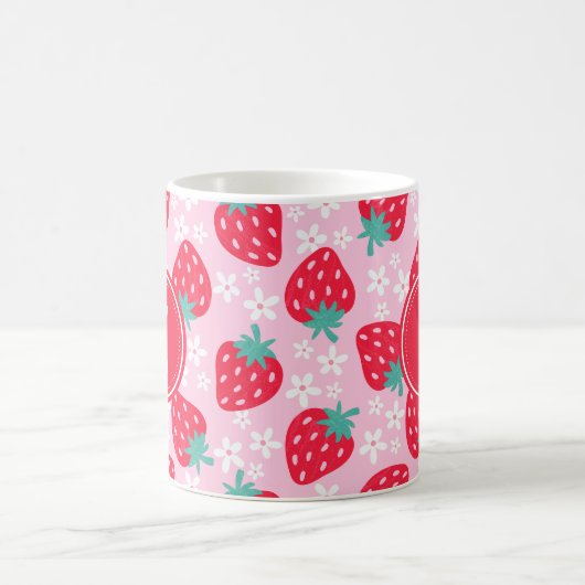 Pink Red Strawberries Floral Pattern Monogram Kaffeetasse (Mittel)