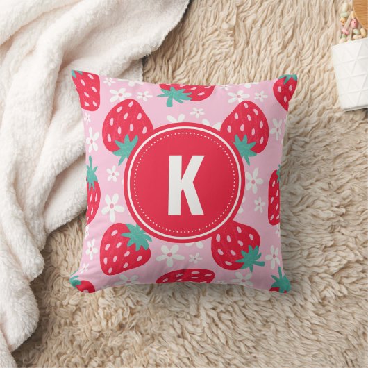 Pink Red Strawberries Floral Pattern Monogram Kissen (Decke)