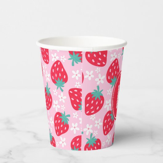 Pink Red Strawberries Floral Pattern Monogram Pappbecher (Rechts)