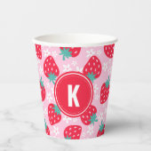 Pink Red Strawberries Floral Pattern Monogram Pappbecher (Vorderseite)