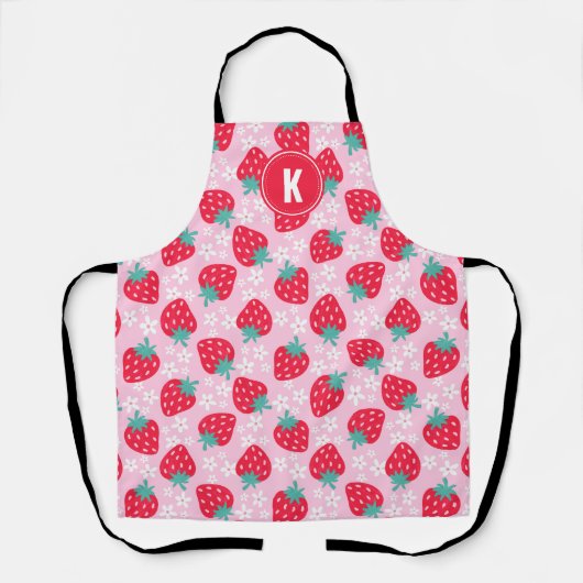 Pink Red Strawberries Floral  Pattern Monogram Schürze (Vorderseite)