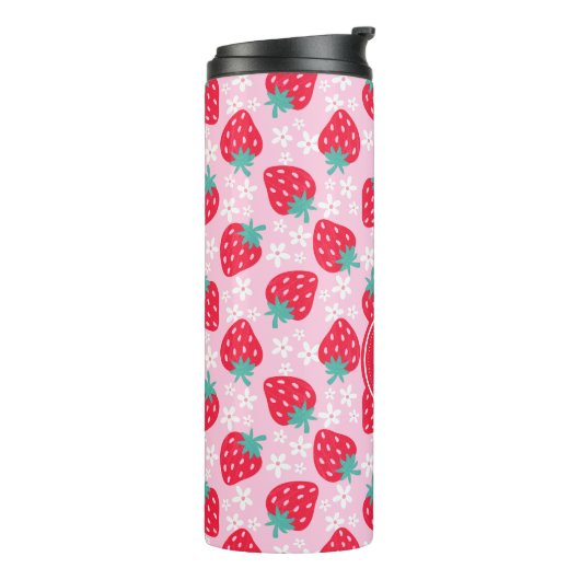 Pink Red Strawberries Floral Pattern Monogram Thermosbecher (Nach links gedreht)