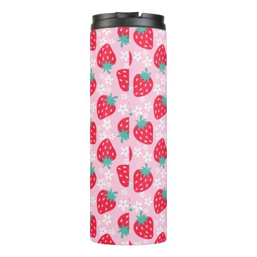 Pink Red Strawberries Floral  Pattern Monogram Thermosbecher (Rückseite)