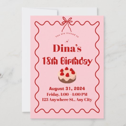Pink Red Strawberry Cupcake Birthday Invite Einladung (Vorderseite)