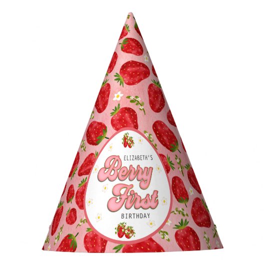 PInk Red Strawberry First Birthday Berry First Partyhütchen (Vorderseite)