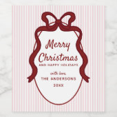 Pink Red Stripes & Bow Frame Christmas  Weinetikett (Einzelnes Label)
