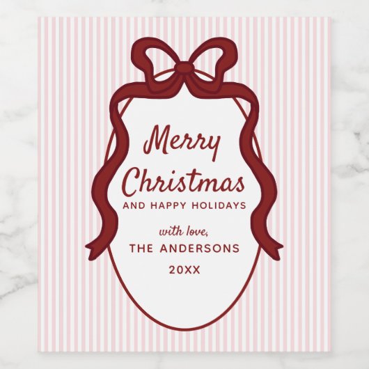 Pink Red Stripes & Bow Frame Christmas  Weinetikett (Einzelnes Label)