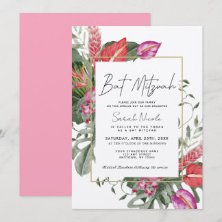 Pink & Red Tropical Floral Bat Mitzvah Einladung