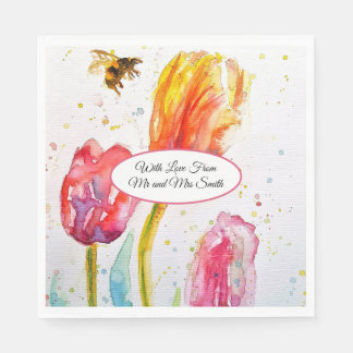 Pink Red Tulip and Bee Watercolor Painting Wedding Serviette