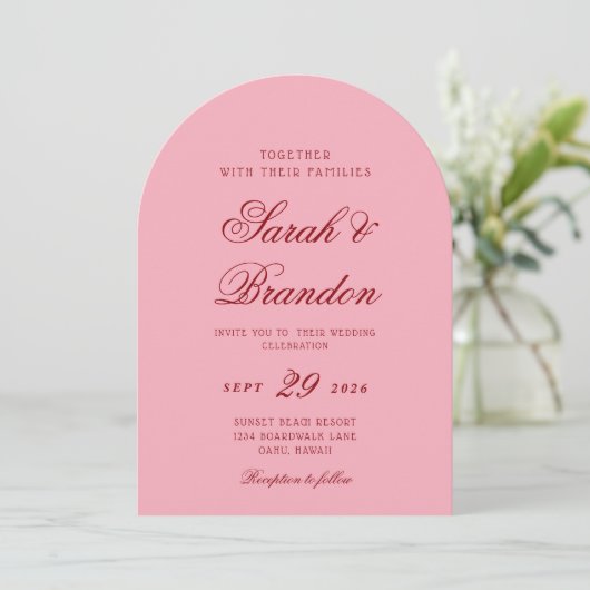 Pink Red Valentines Minimalist Script Wedding Einladung (Stehend Vorderseite)